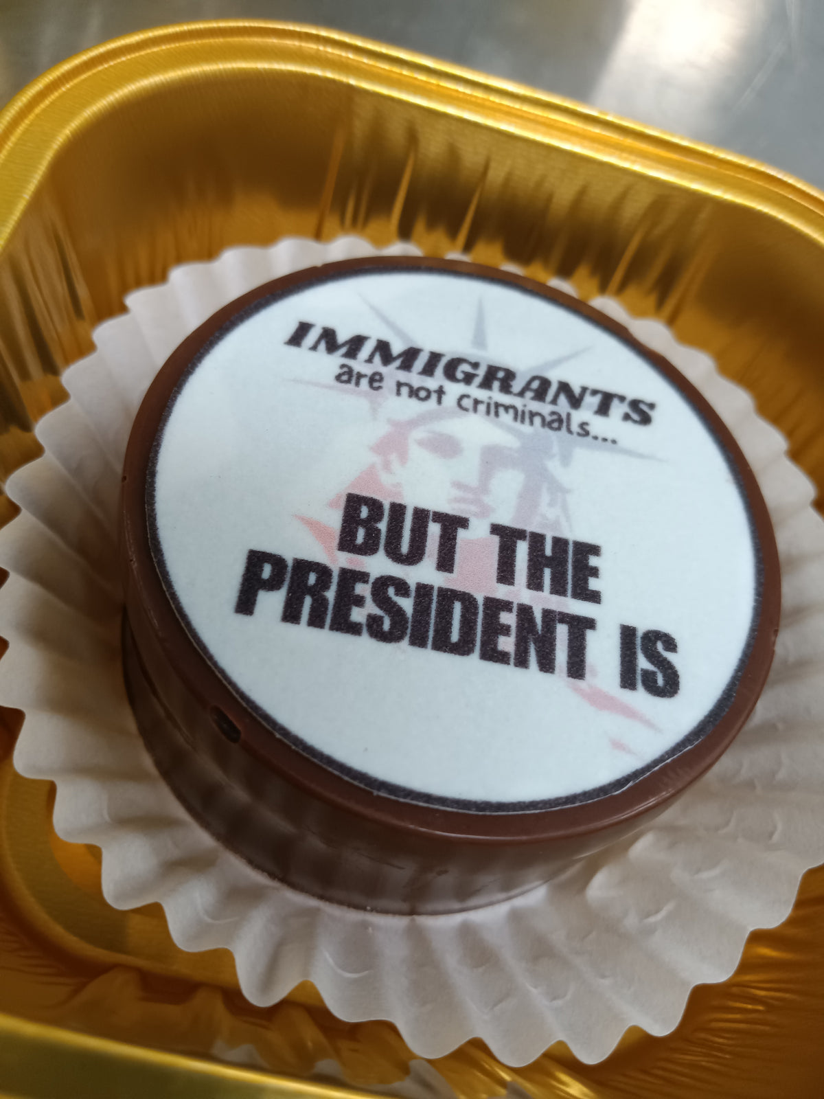 PROTEST PUCK (Chocolate Covered Fudge) - IMMIGRANTS ARE NOT CRIMINALS - 3oz *ORDERS SHIP WHEN TEMPS UNDER 75° UNLESS YOU PICK ICE PACK SHIPPING*